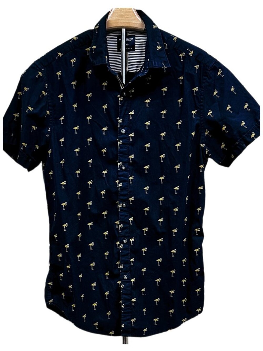 Denim & Flower NEW Short Sleeve Button Down Shirt Flamingo Cotton Tropical Small
